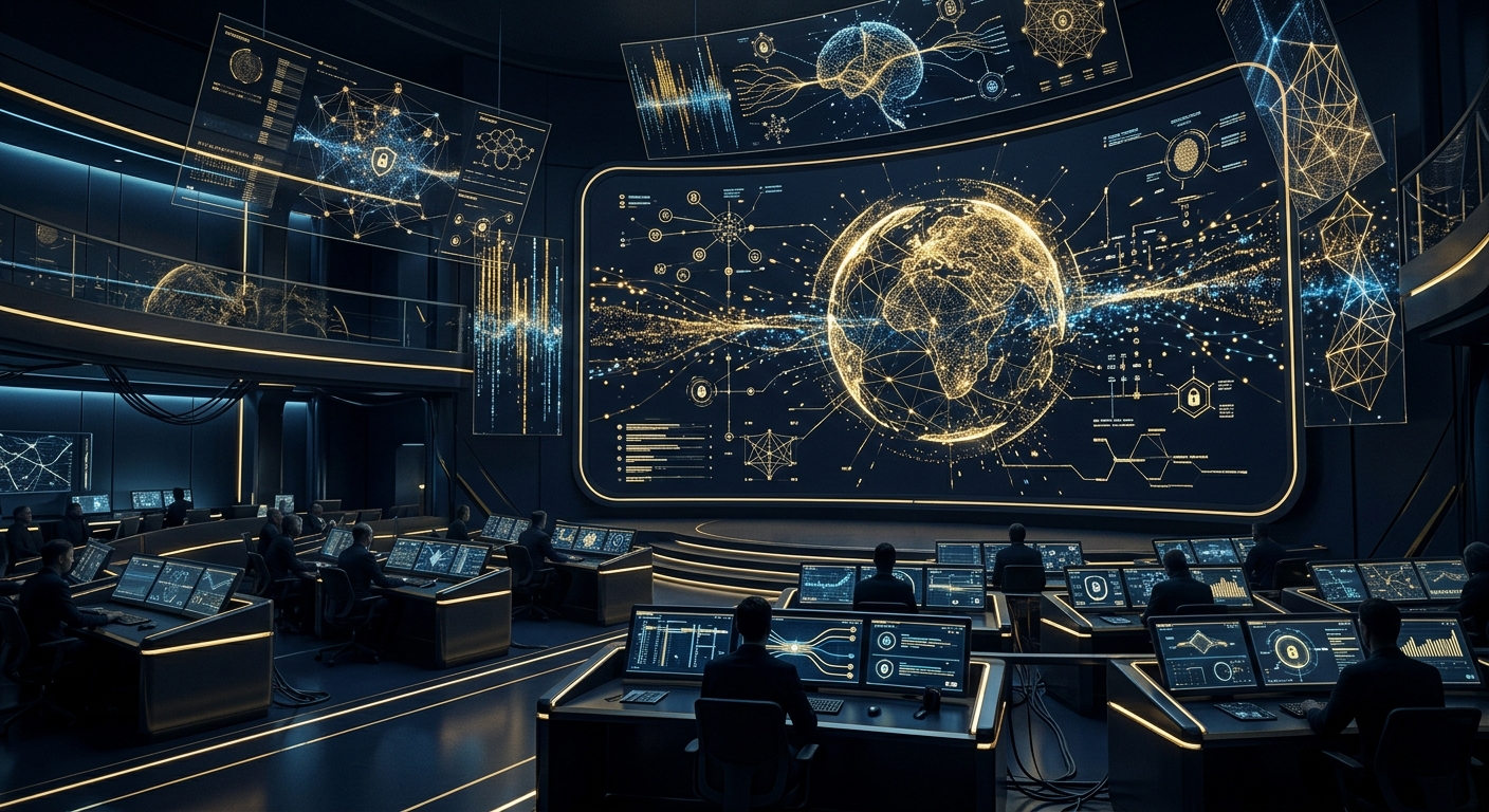 Executive cybersecurity command center concept showing network defense operations in dark navy and gold