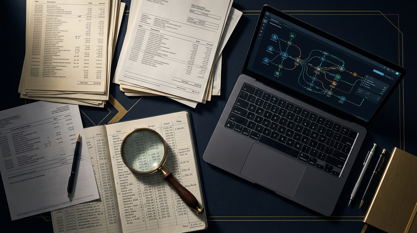 Overhead view of a financial forensics workstation with bank statements, a ledger, and a transaction-flow diagram on a laptop screen