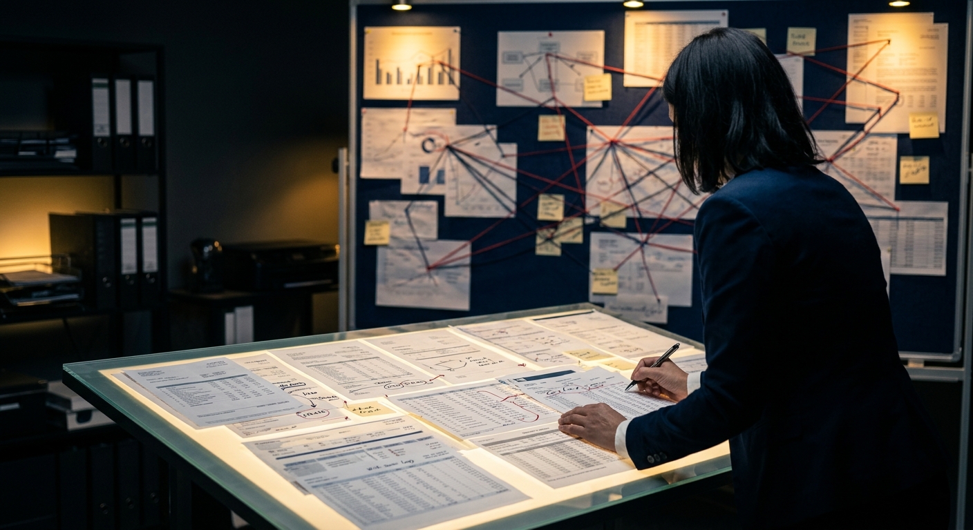 Forensic financial investigation analysis room with bank records and an evidence board connecting flagged transactions in dark navy and gold tones