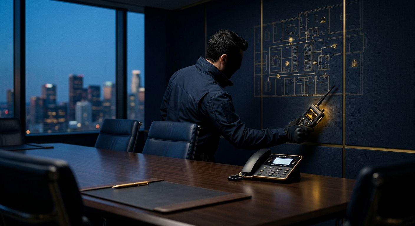 Technical surveillance countermeasures sweep of a corporate boardroom for hidden espionage devices