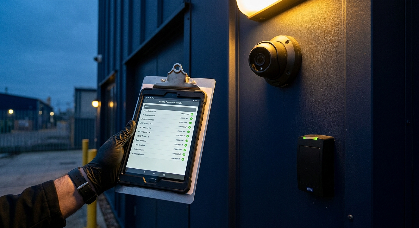 Assessor conducting a walk-through survey of a facility perimeter access point and CCTV coverage at dusk