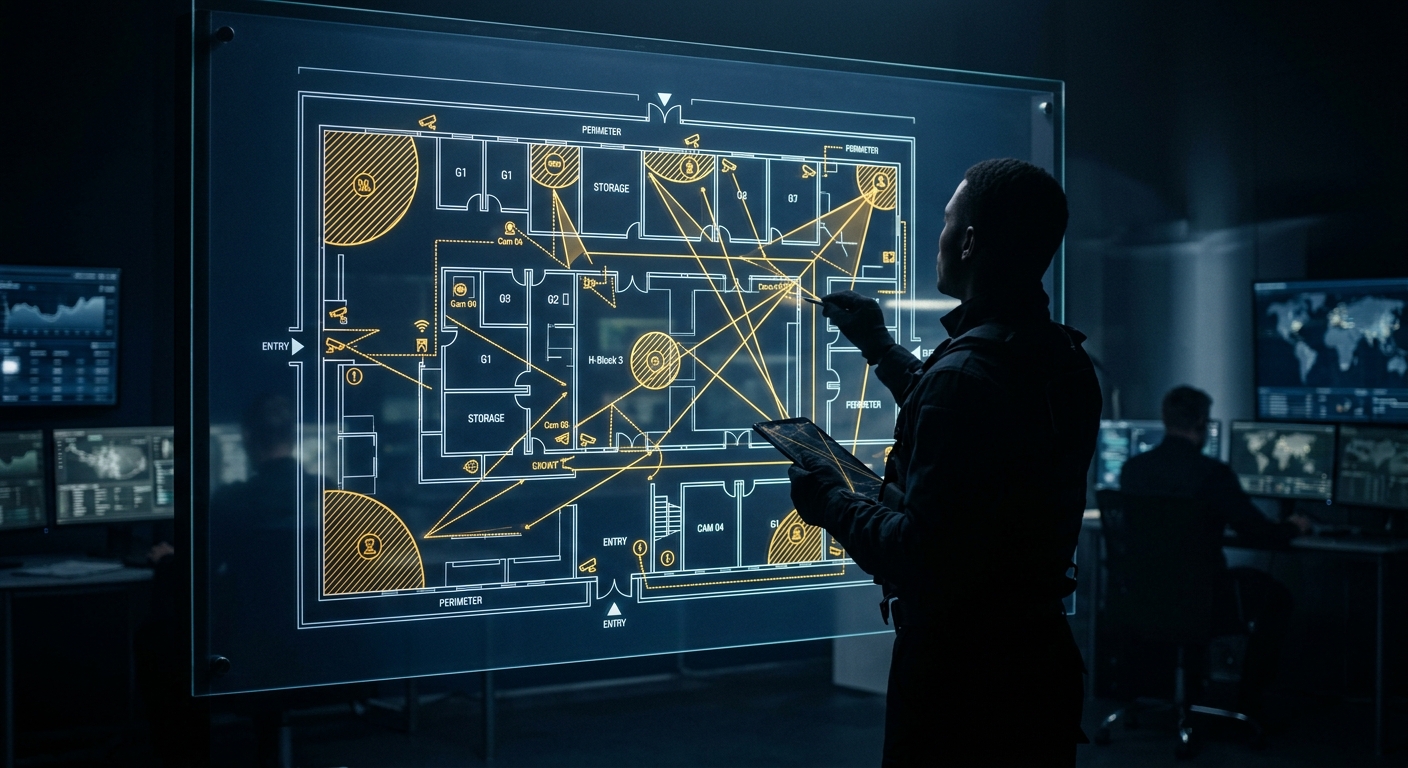 Security assessor reviewing a facility floor plan overlaid with risk zones during a physical security assessment