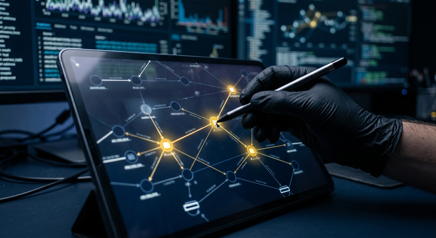 Analyst tracing a blockchain transaction trail across wallet addresses during a crypto fraud investigation