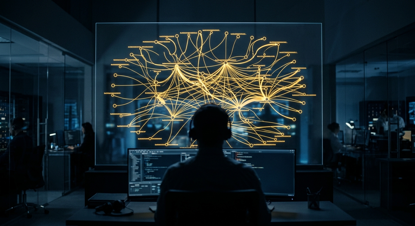 Investigator tracing cryptocurrency wallet flows connected to a romance scam network on a dark analytics display