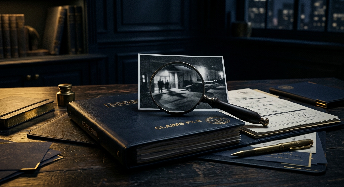 Claims file and surveillance photograph representing an insurance fraud investigation