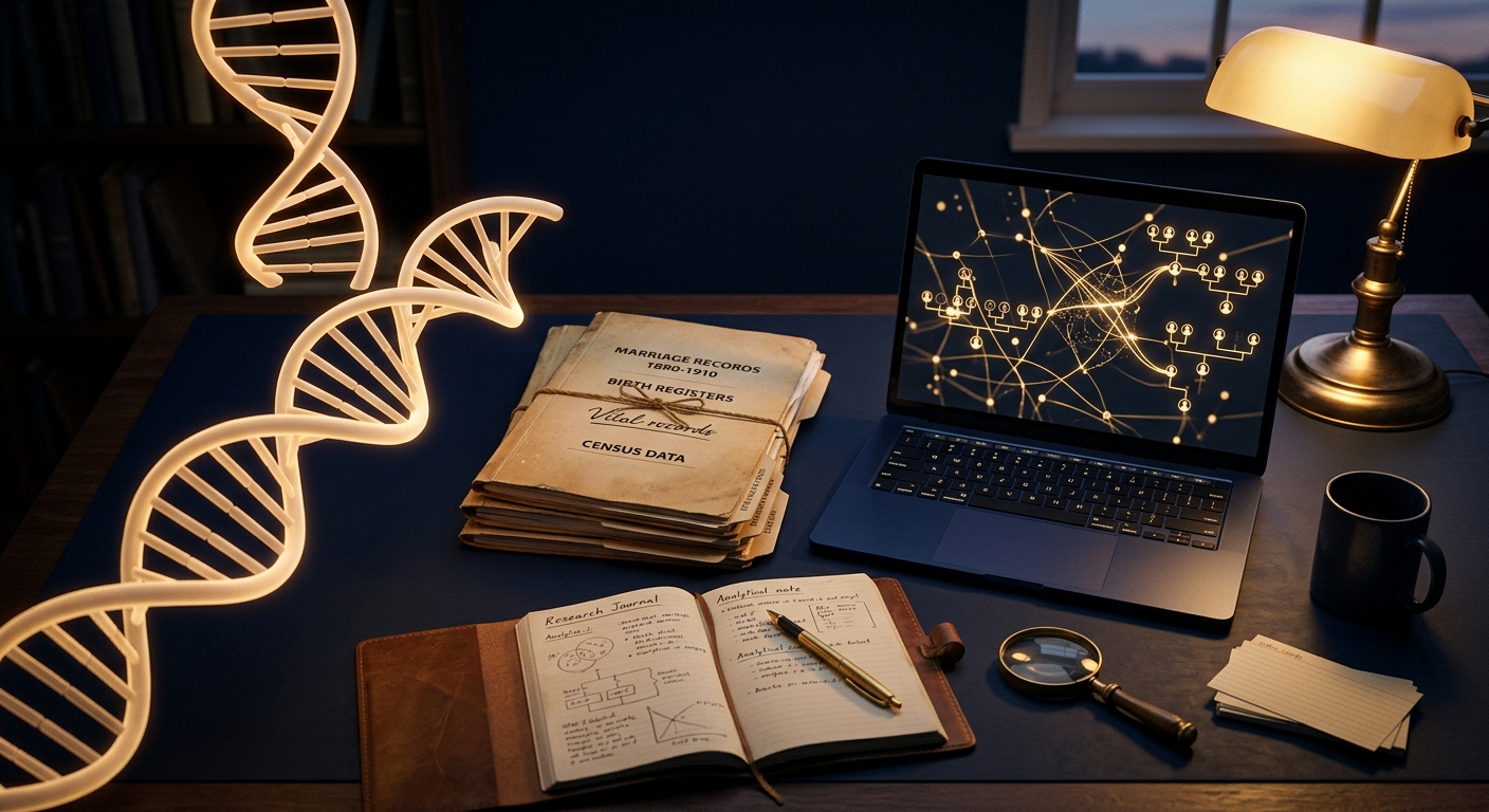 DNA genealogy and vital-records research workspace representing genetic tracing methods in adoption search