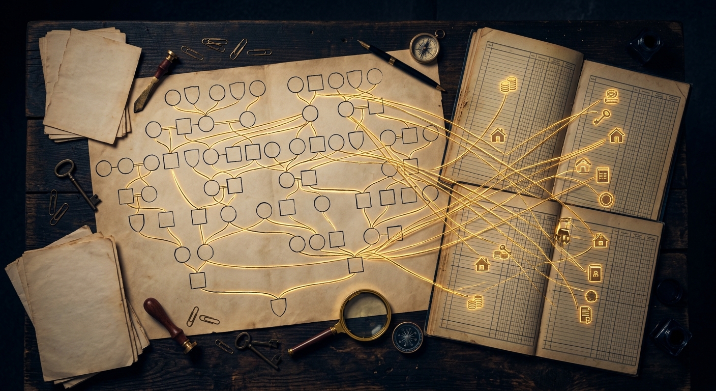 Genealogy chart and financial records illustrating heir location and asset-tracing research