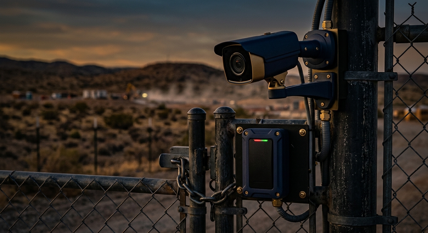 Access-controlled gate with surveillance camera protecting an Arizona construction site perimeter
