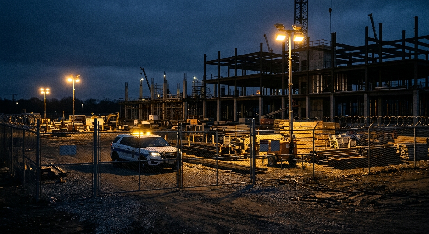 Fenced Arizona construction site secured with perimeter lighting and patrol coverage at dusk