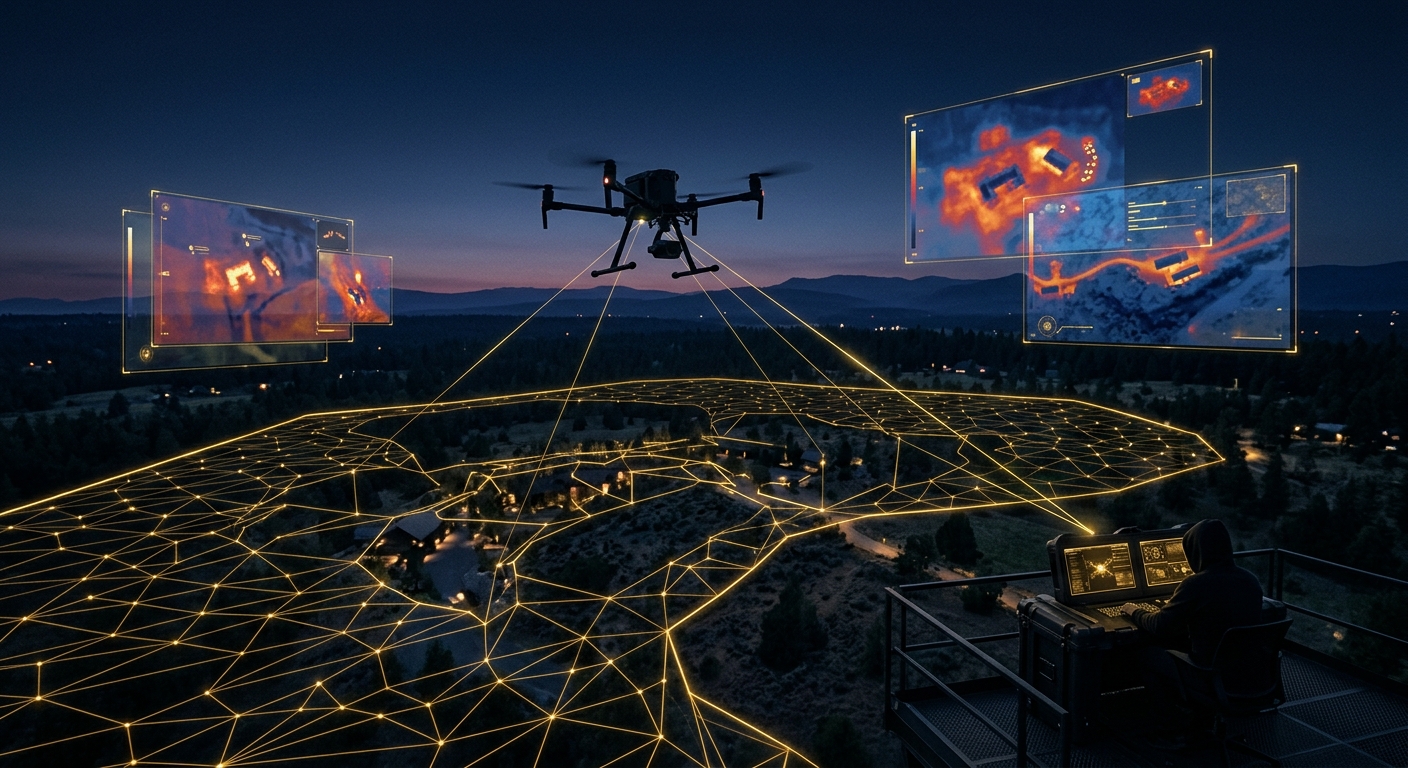 Licensed drone surveillance for perimeter security and investigations concept in navy and gold