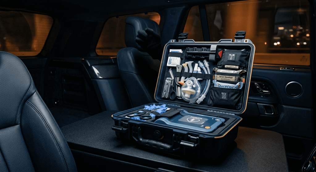 Executive protection trauma medical kit and AED staged for immediate response