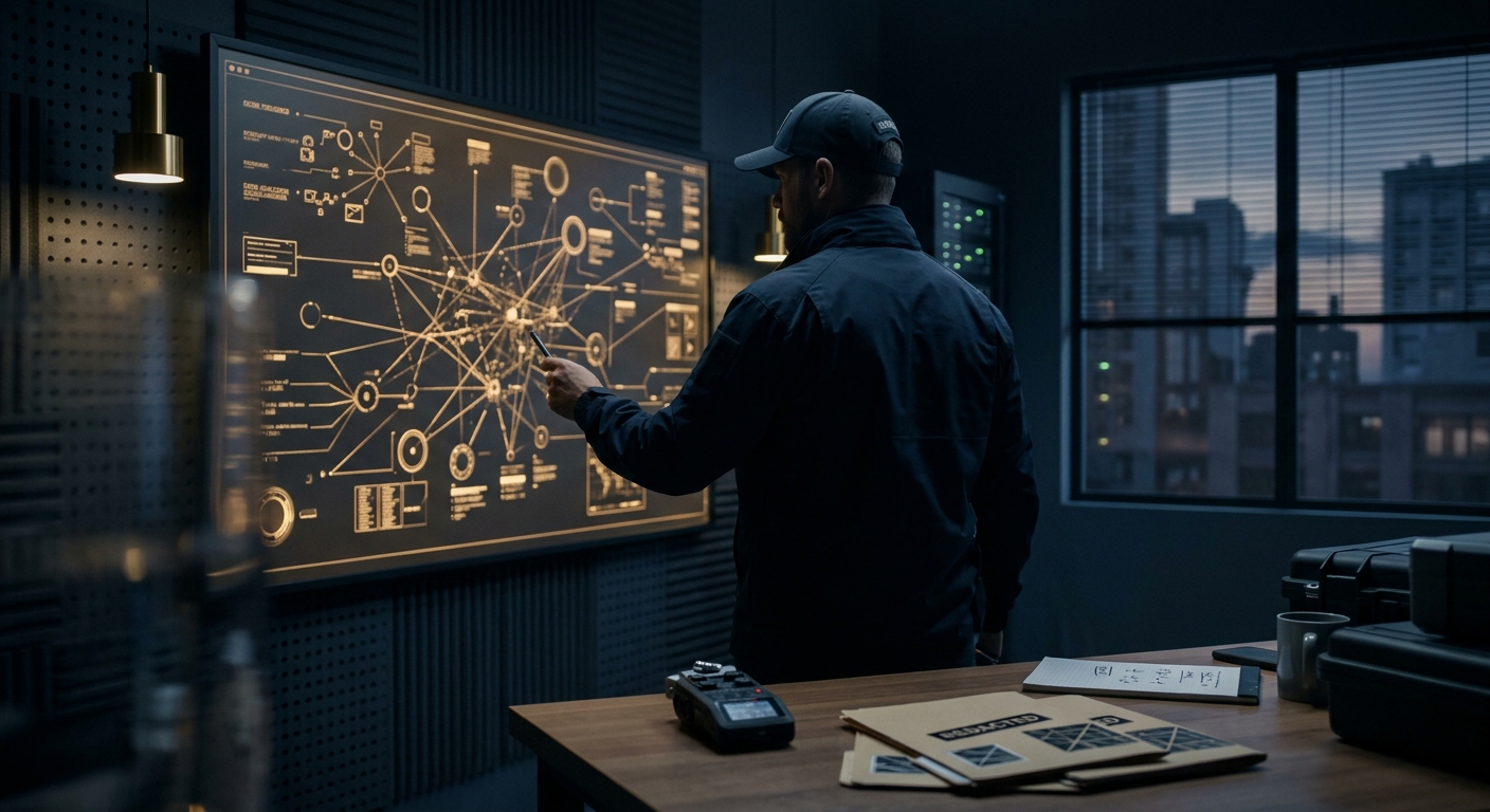 Investigator mapping witness leads on a case board in a dark navy operations room