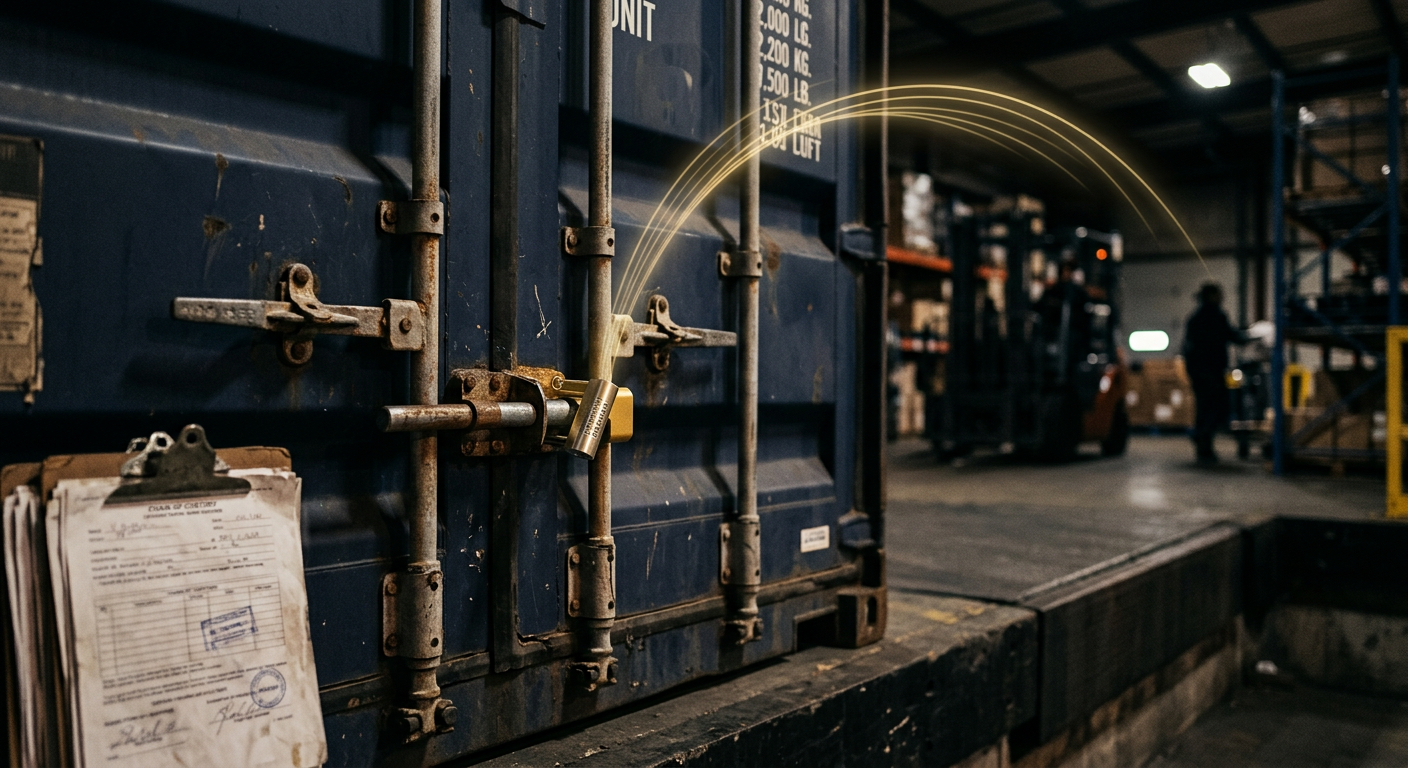 Sealed shipping container with intact security seal and GPS tracking signal illustrating in-transit cargo chain of custody