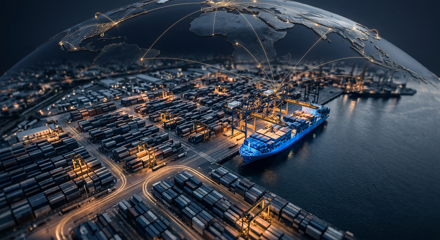 Global container port and freight network representing end-to-end supply chain security and in-transit cargo protection
