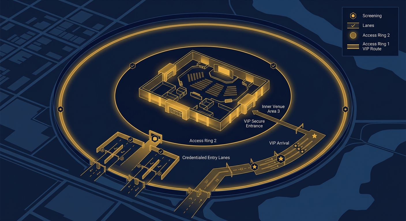 Layered venue perimeter and credentialed access zones for a corporate event
