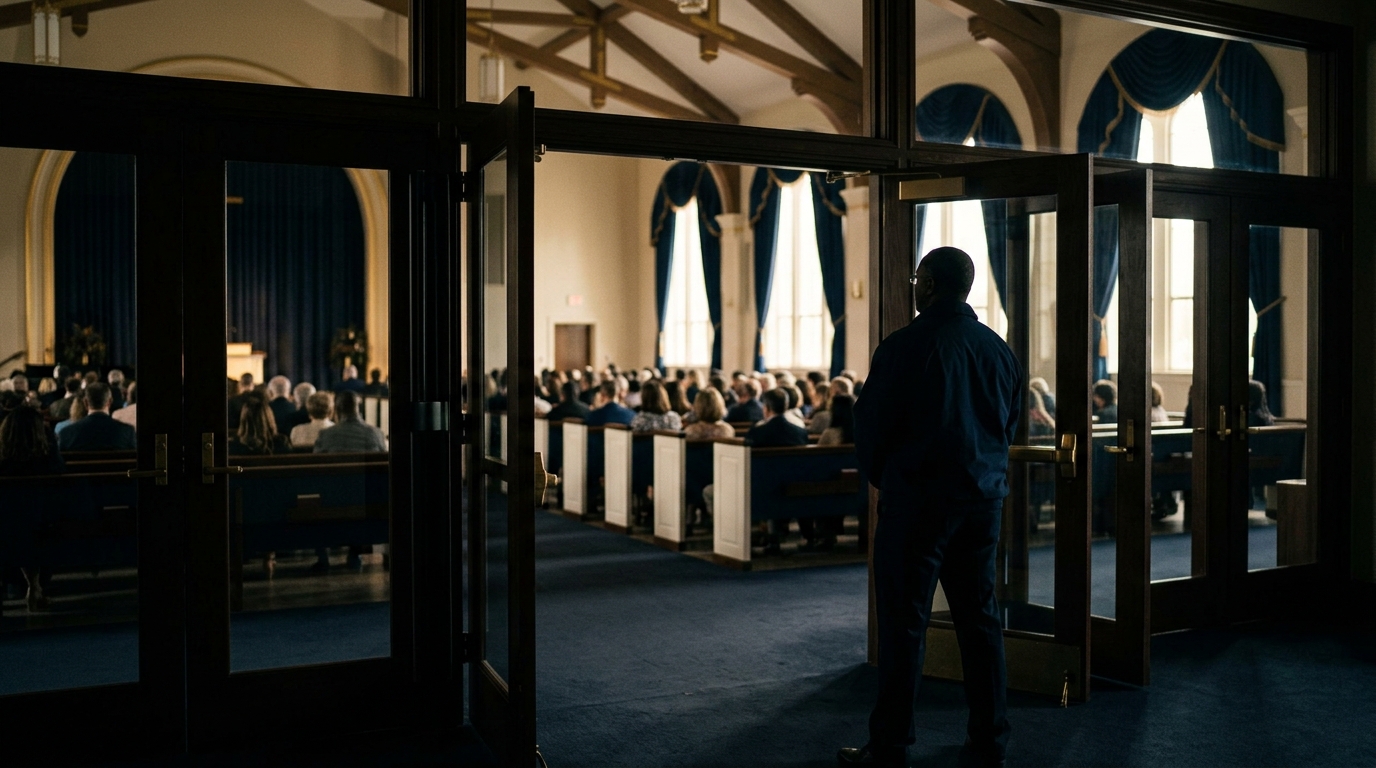 Discreet security professional monitoring a place of worship entrance and congregation hall