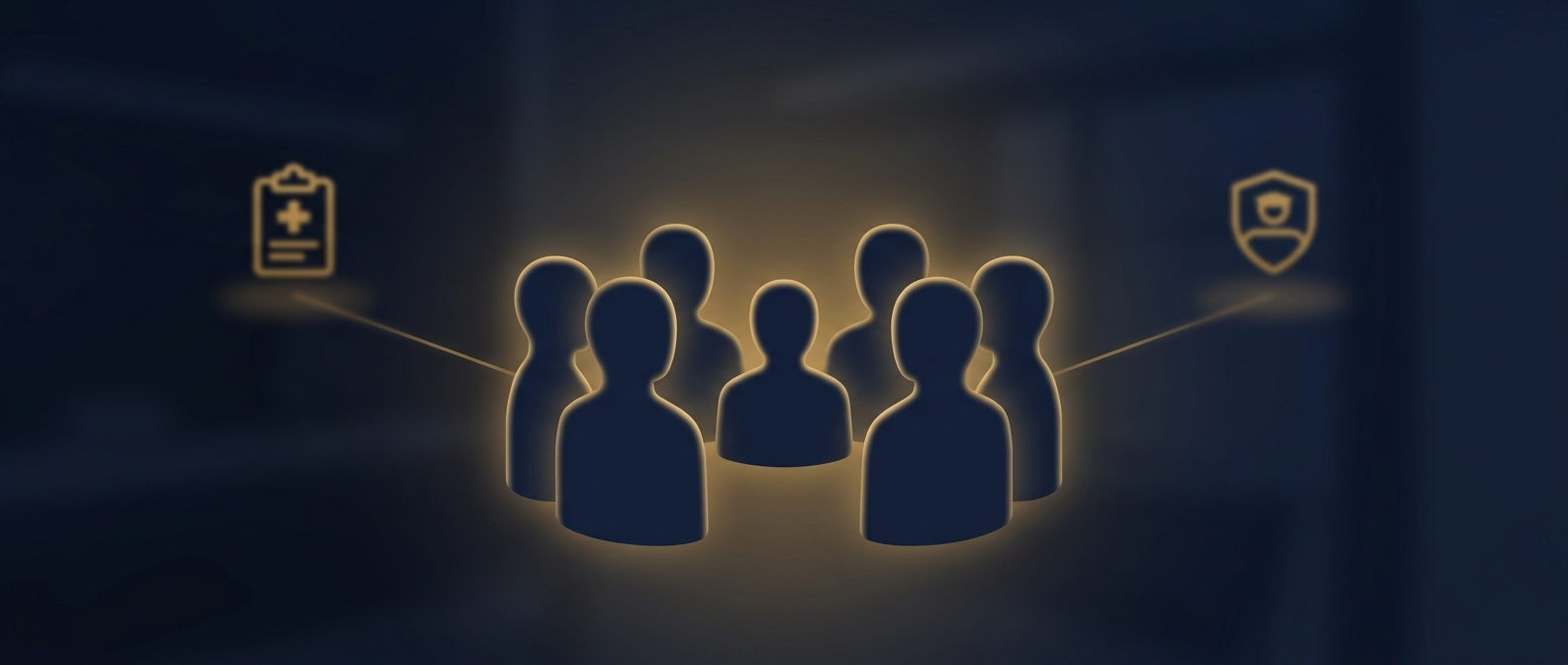Behavioral emergency response team coordination concept for hospital Code Grey response in navy and gold