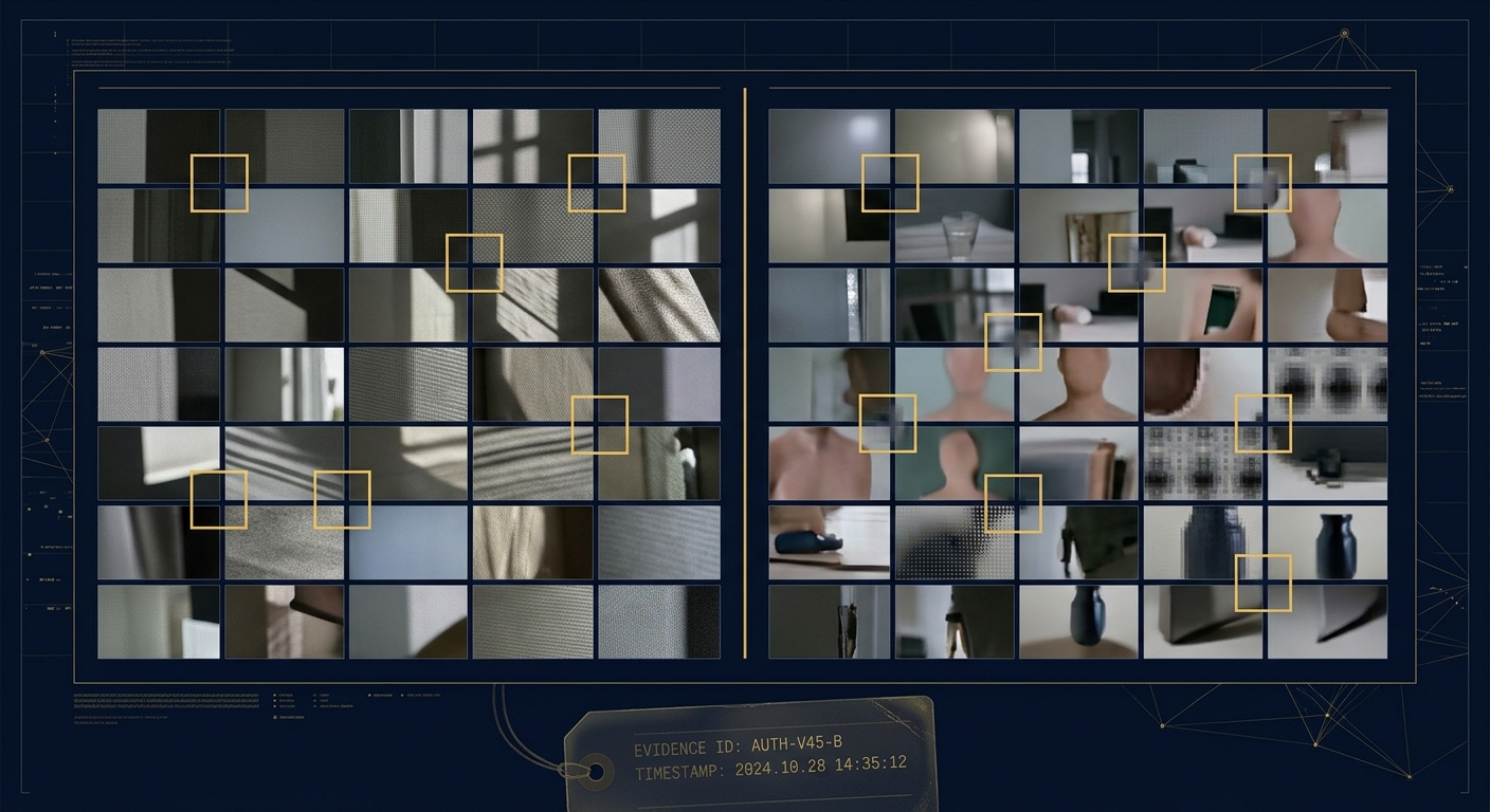 Split visualization comparing authentic video frames to AI-generated deepfake frames during forensic analysis