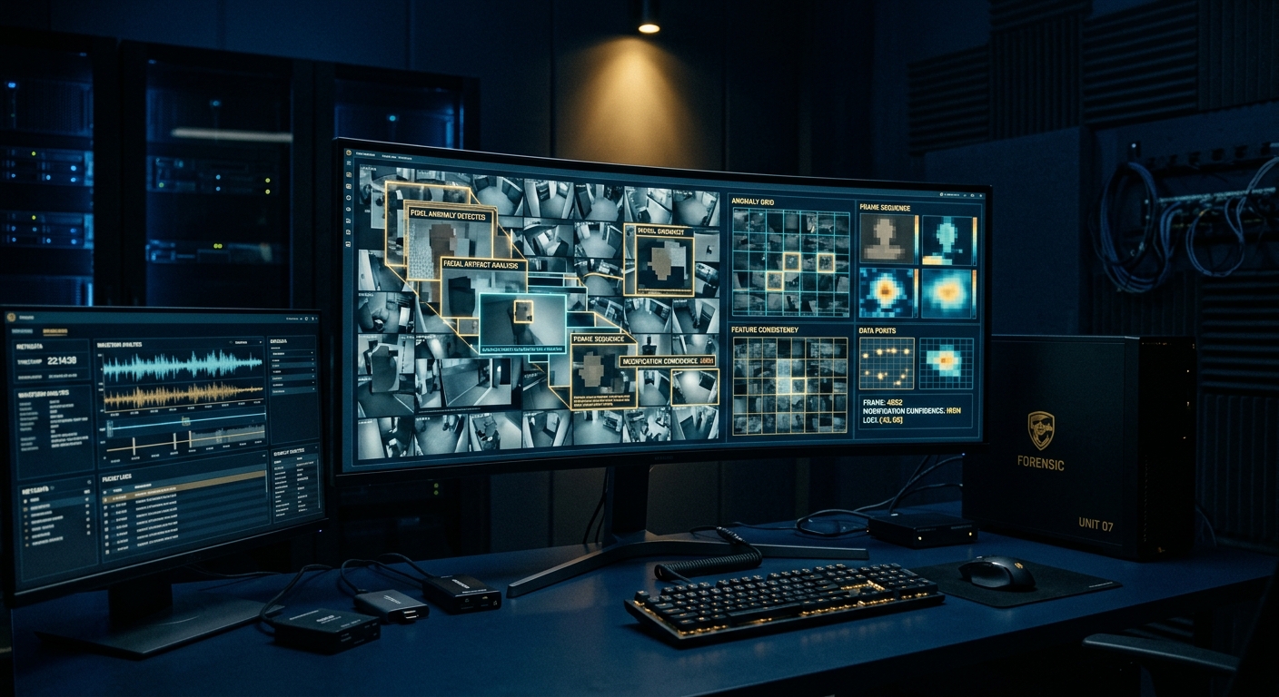 Digital forensics workstation analyzing video frames for deepfake manipulation artifacts