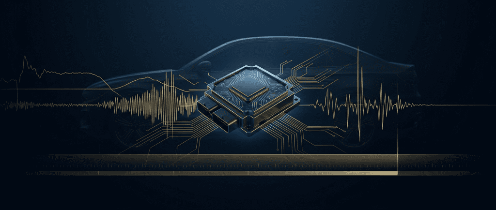 Vehicle event data recorder forensic analysis concept with crash-pulse data waveforms in navy and gold