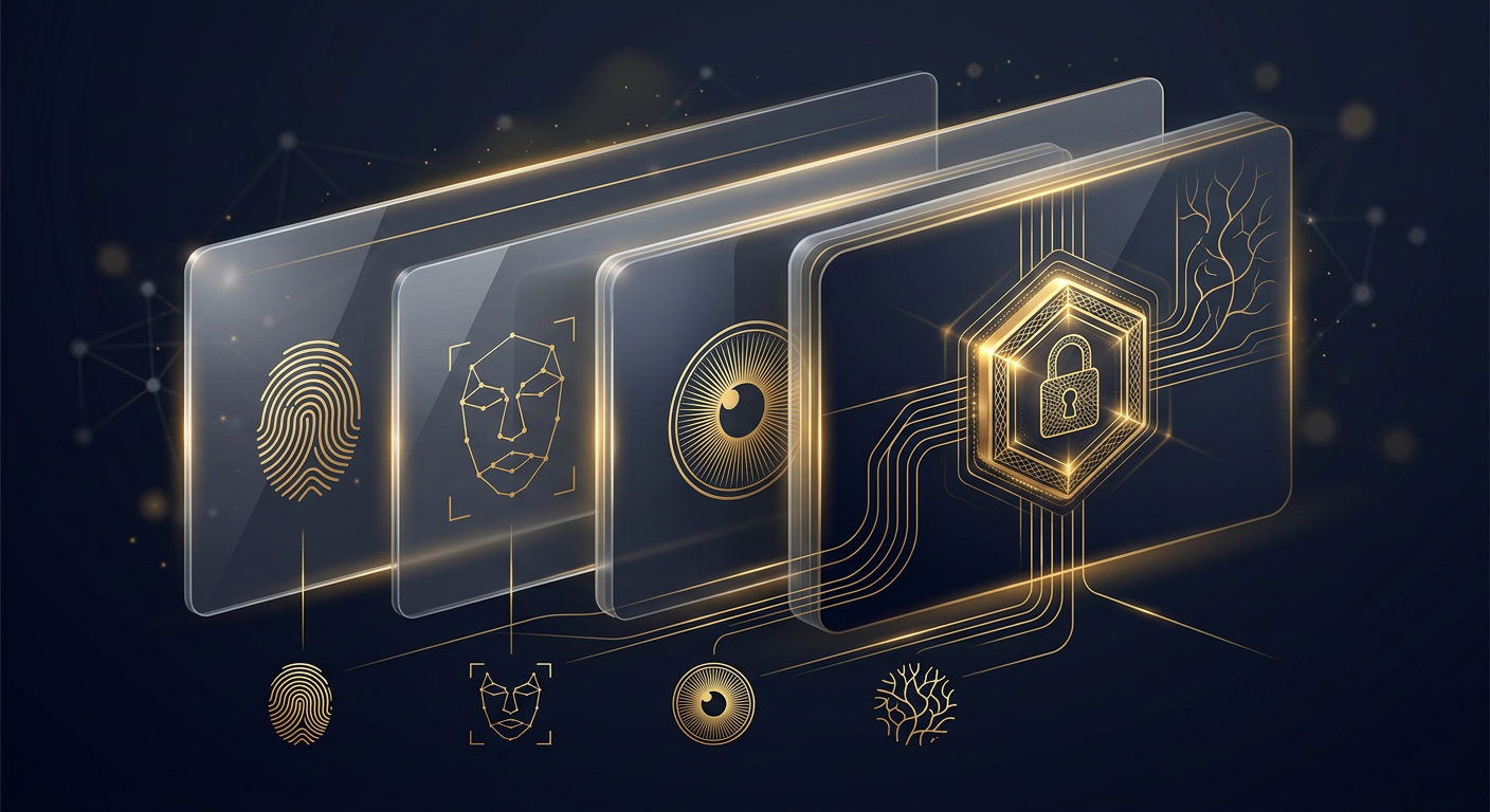 Layered biometric access-control architecture with fingerprint, facial, iris, and vascular sensors feeding an encrypted template vault, dark navy and gold security concept