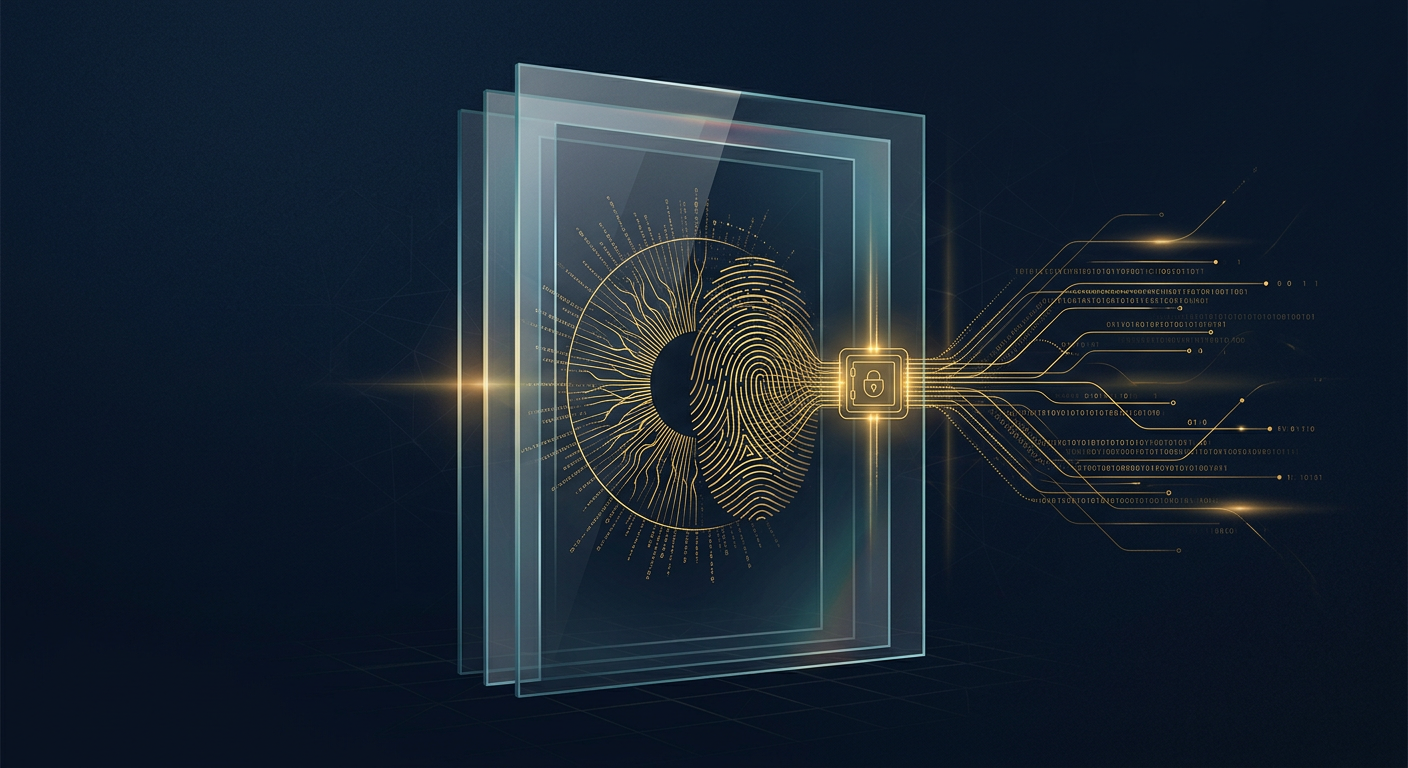 Biometric access-control portal with iris and fingerprint data lines converging on an encrypted vault, dark navy and gold operations concept