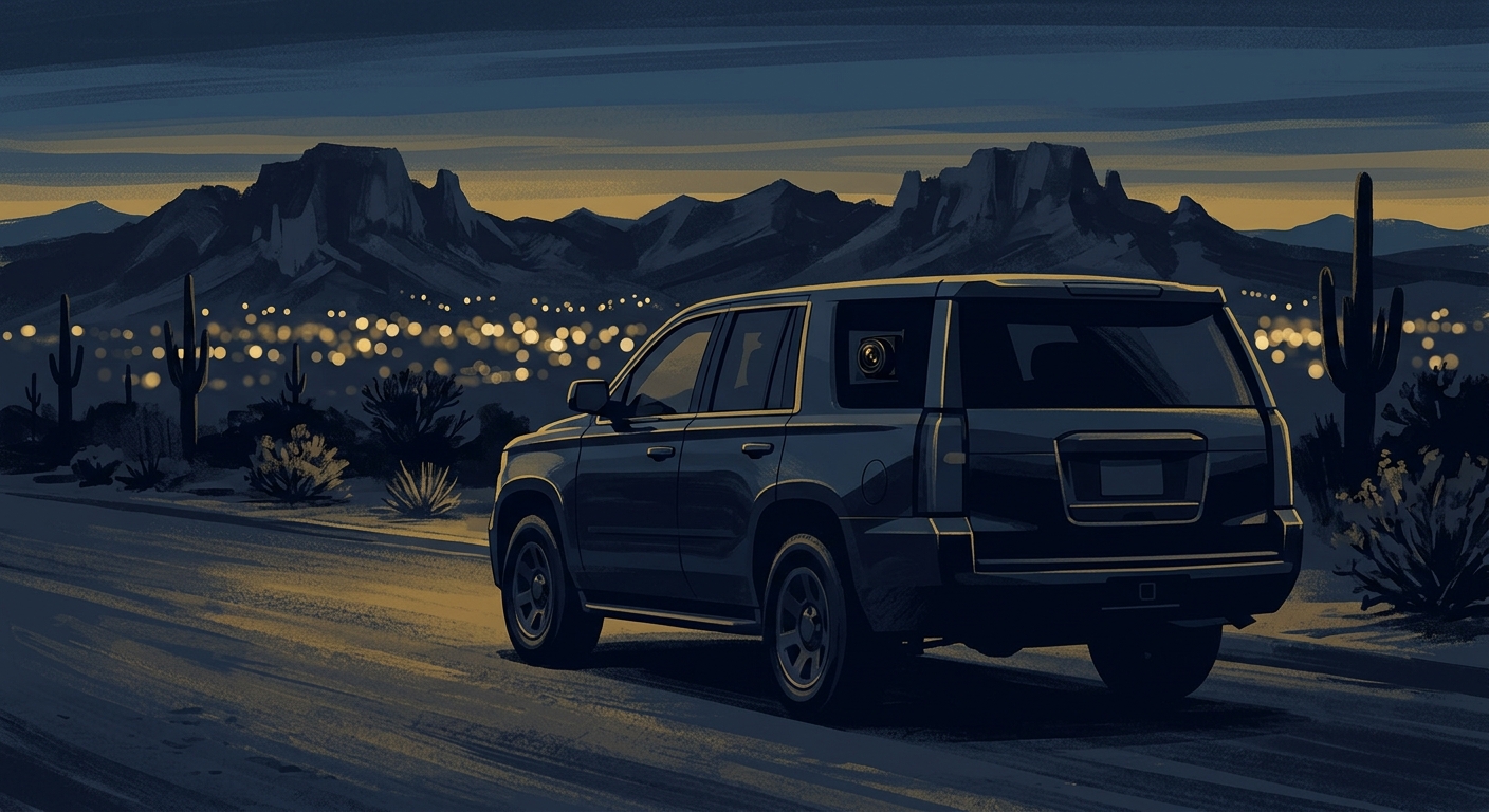 Discreet Arizona surveillance vehicle conducting a licensed investigation at dusk