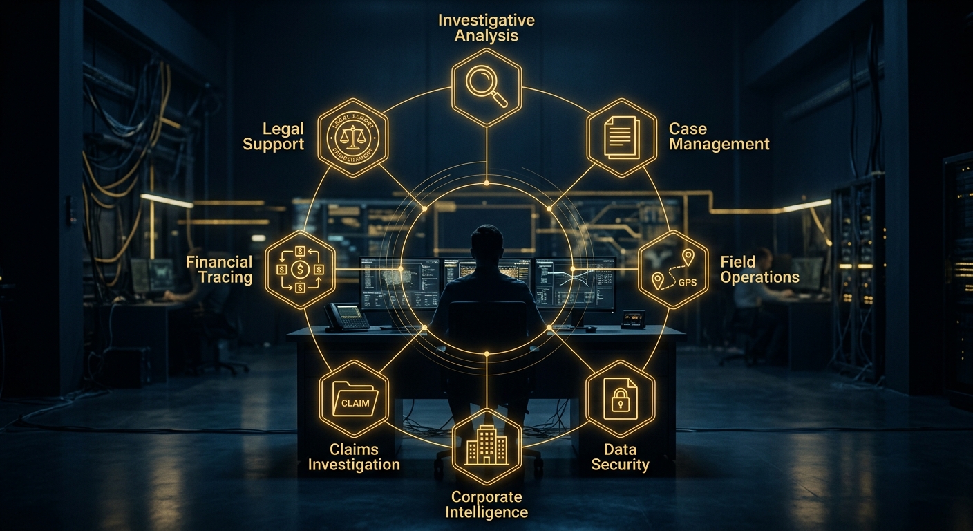 Arizona private investigator services overview showing connected investigative disciplines in navy and gold