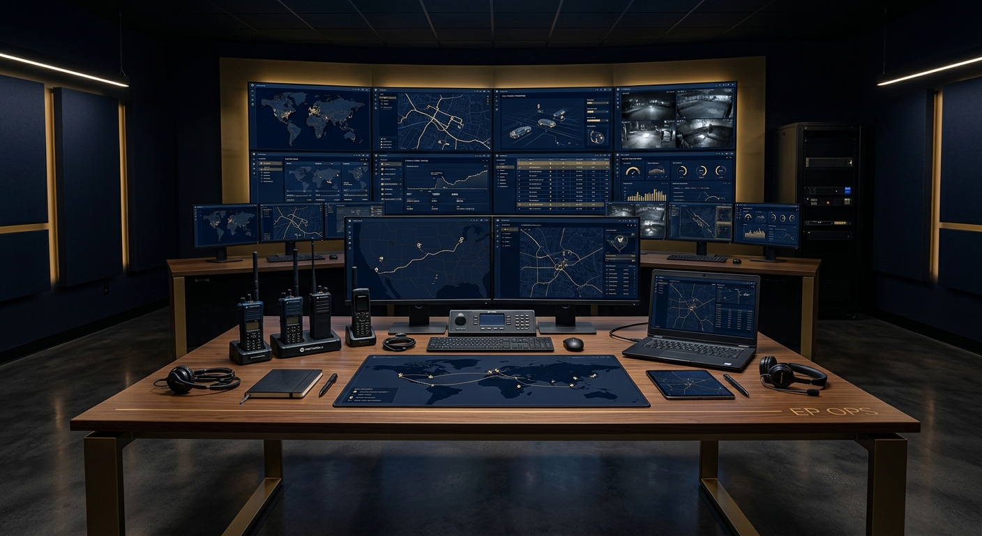 Executive protection operations planning with route maps and secure equipment, dark navy and gold aesthetic