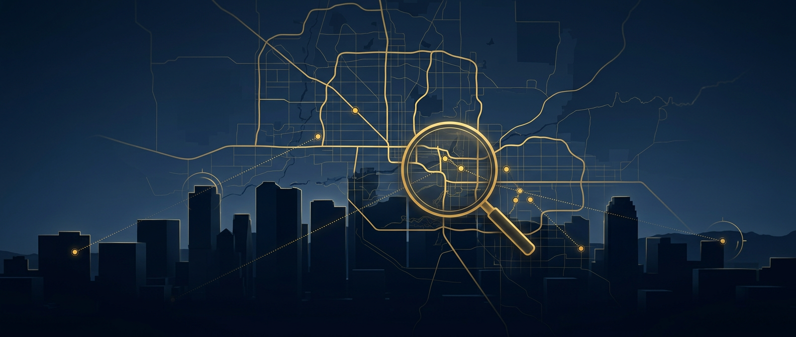 Phoenix private investigator operations concept showing surveillance sightlines and evidence chain over a Maricopa County map in navy and gold