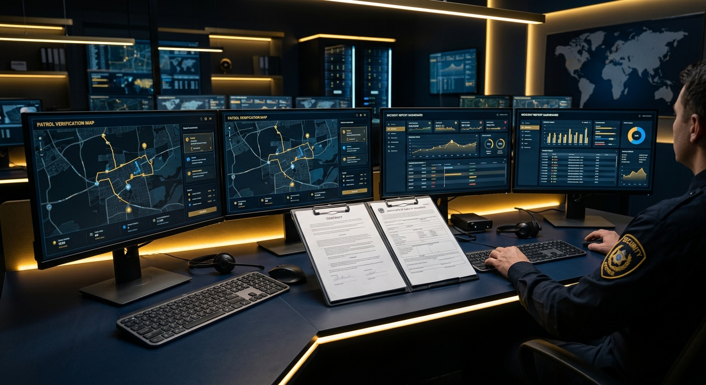 Security operations supervisor reviewing patrol verification and incident reports at a command desk