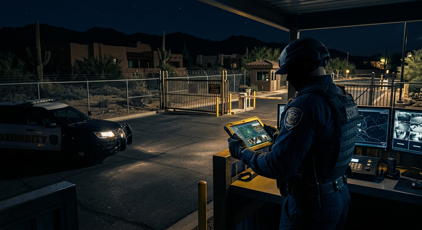 Arizona private security officer verifying a patrol checkpoint at a commercial property at night