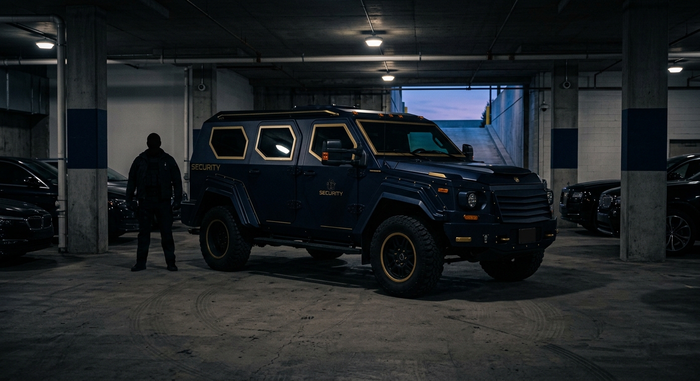 Secure transportation vehicle staged for an executive protection detail, dark navy and gold tones
