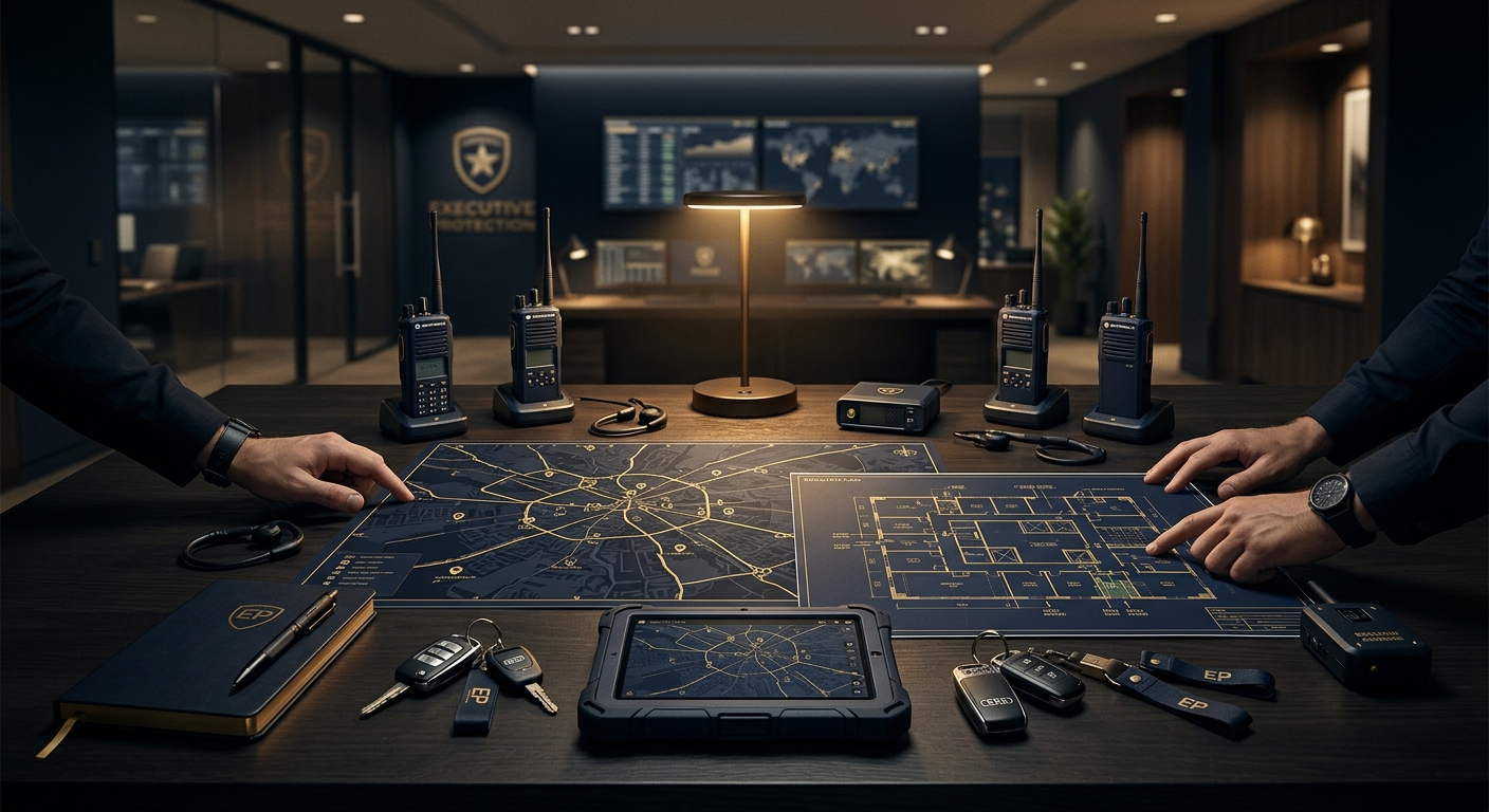 Executive protection advance team route and site planning, dark navy and gold aesthetic