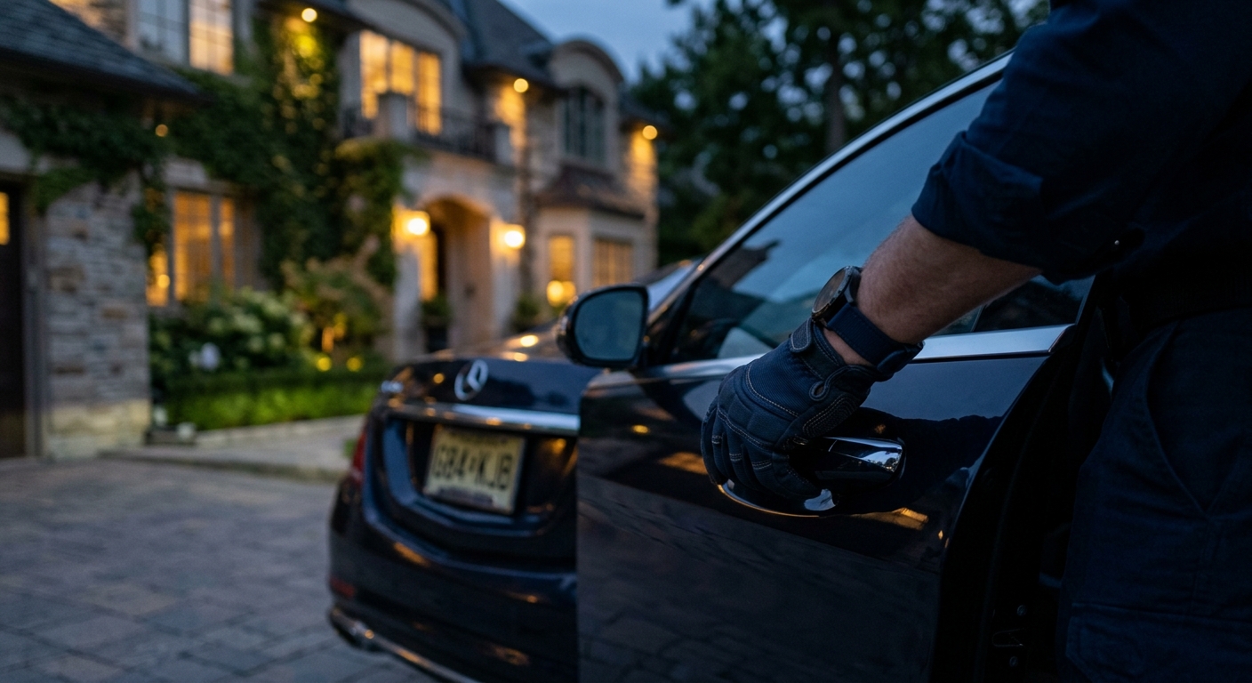 Close protection agent conducting a discreet perimeter check outside a private residence at dusk
