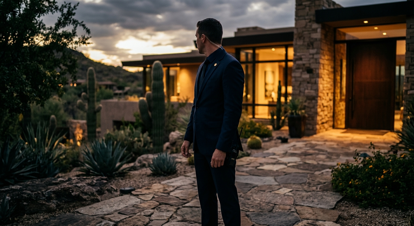 Discreet close-protection agent providing personal security coverage outside a private Arizona residence