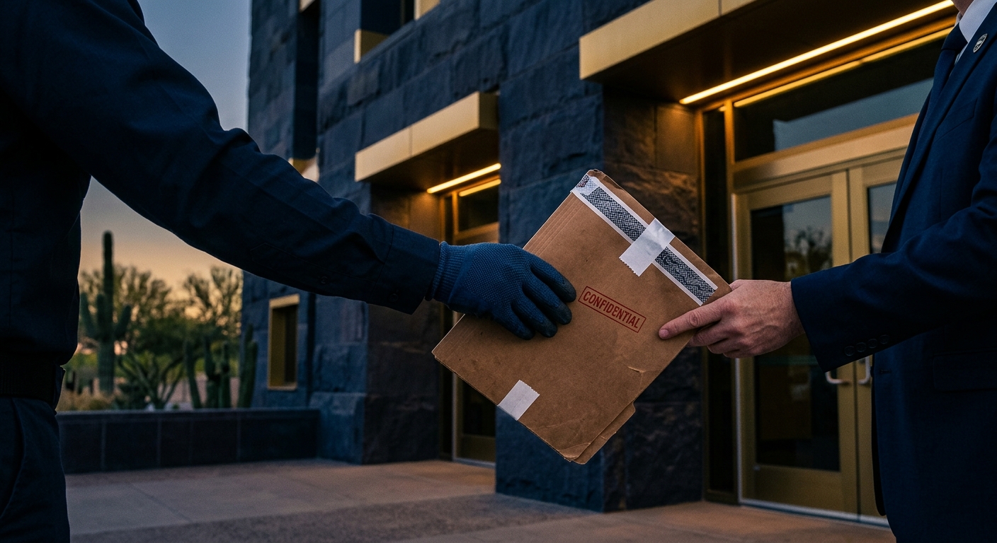 Licensed process server delivering legal documents at an Arizona courthouse