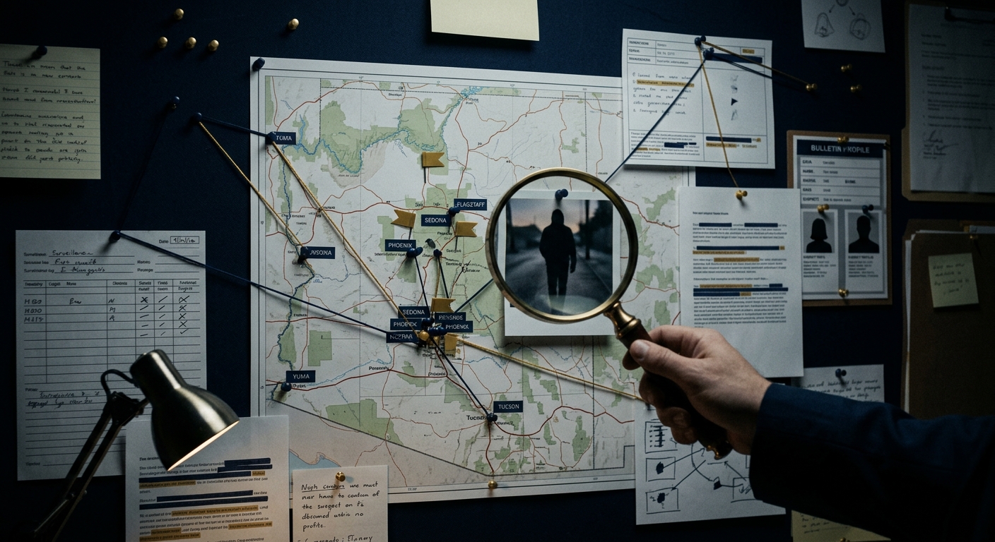 Investigator's case board with Arizona map and location markers used in a missing person search, dark navy and gold tones
