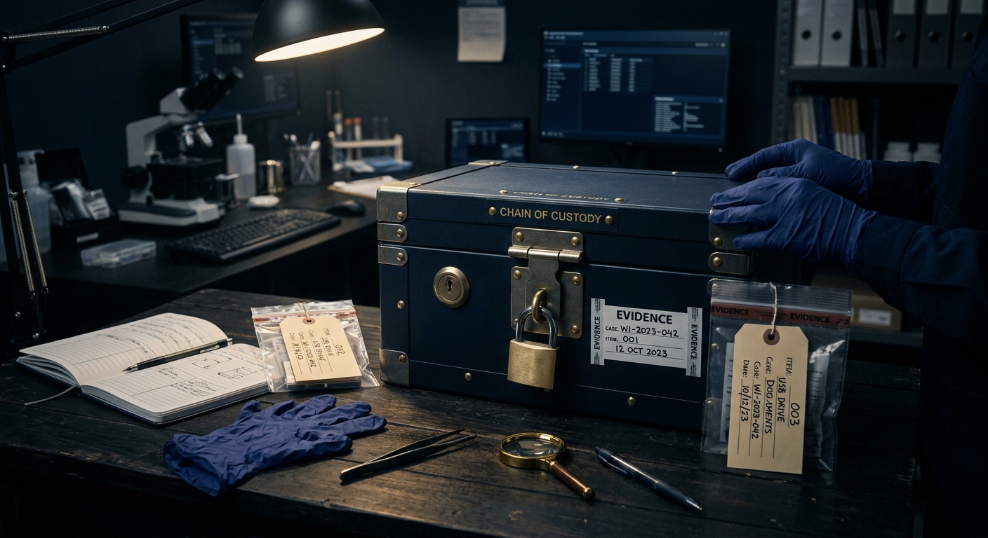 Chain-of-custody evidence box and case documentation representing defensible workplace investigation evidence handling