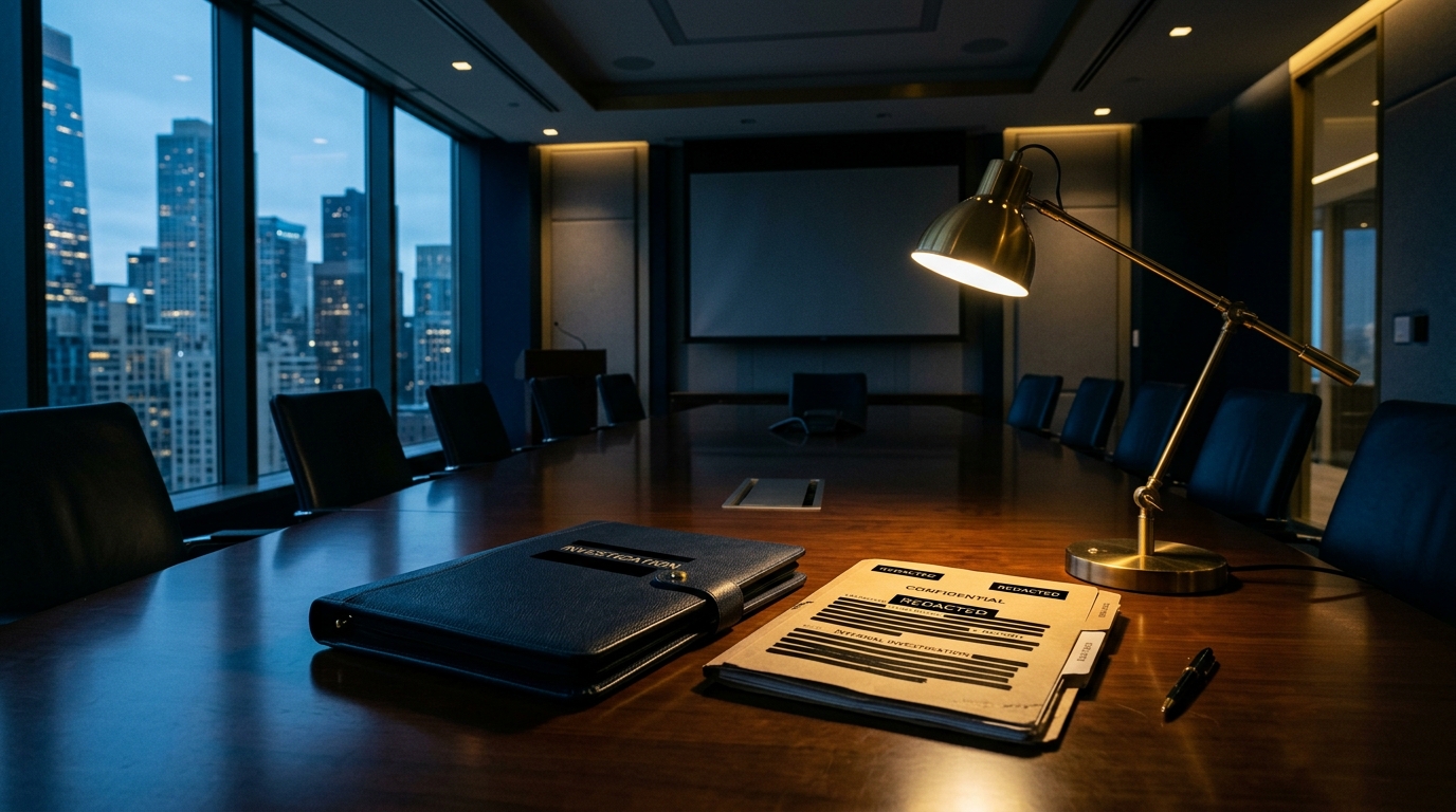 Confidential corporate investigation case file on a dark boardroom table, representing internal fraud and employee theft investigations in Arizona