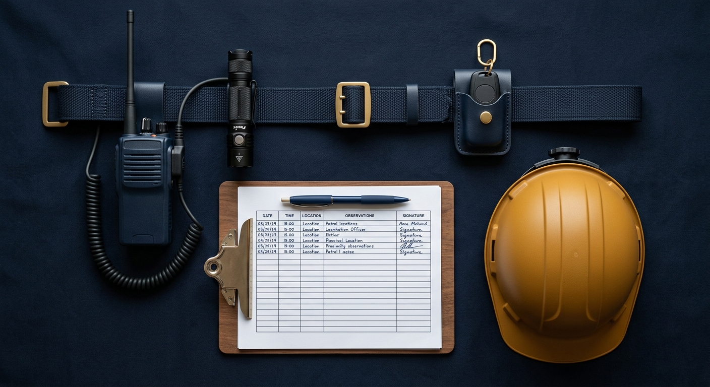 Security officer duty equipment and patrol log used for commercial and construction site guarding