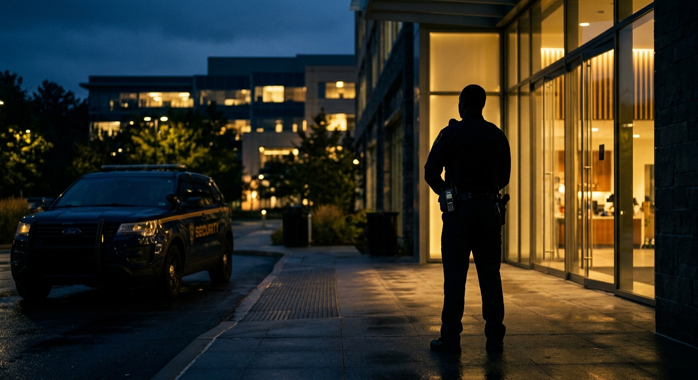 Uniformed Arizona security guard standing post at a commercial property entrance at dusk