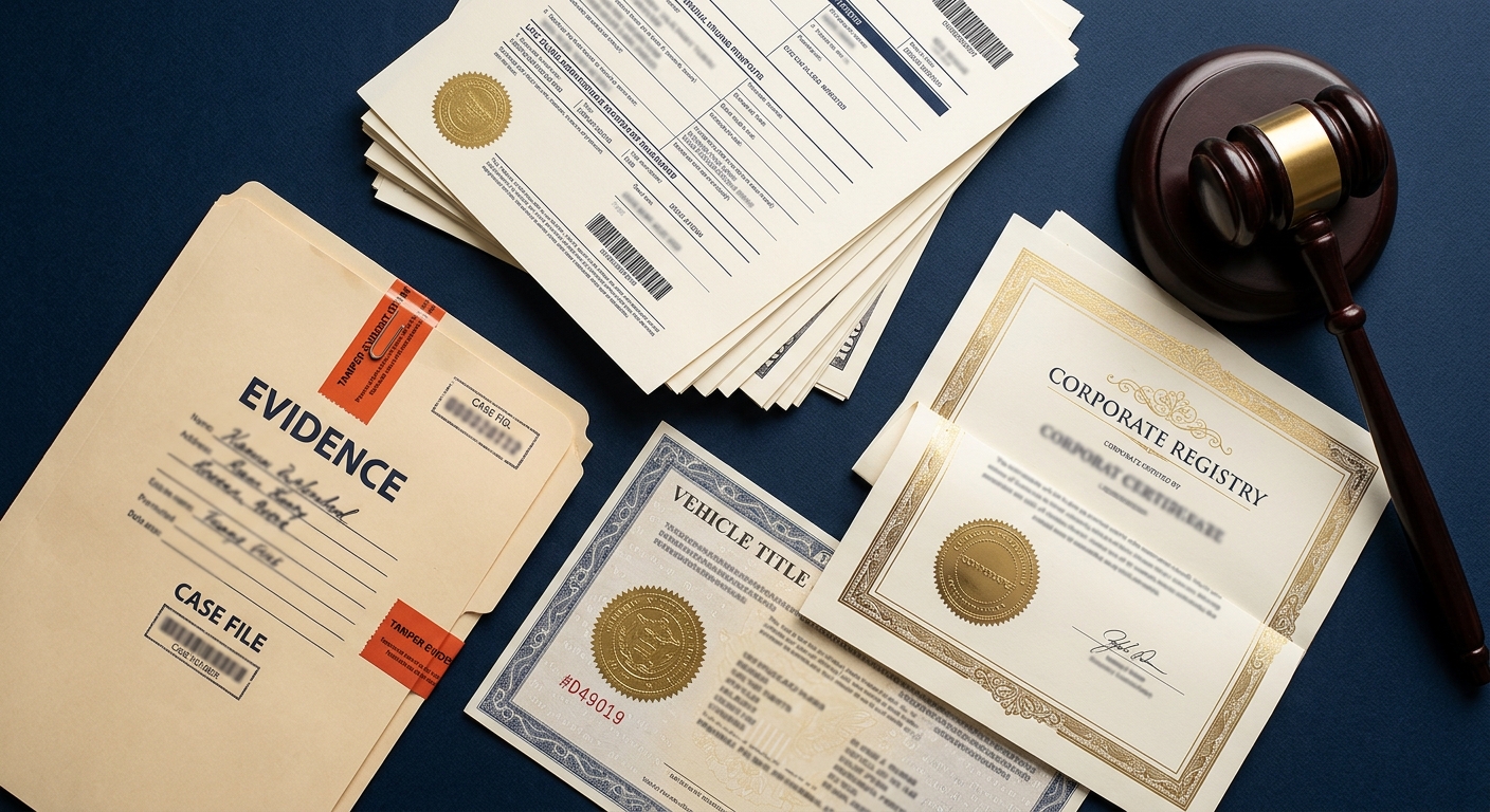 Documentation and chain-of-custody materials for a court-ready asset search report