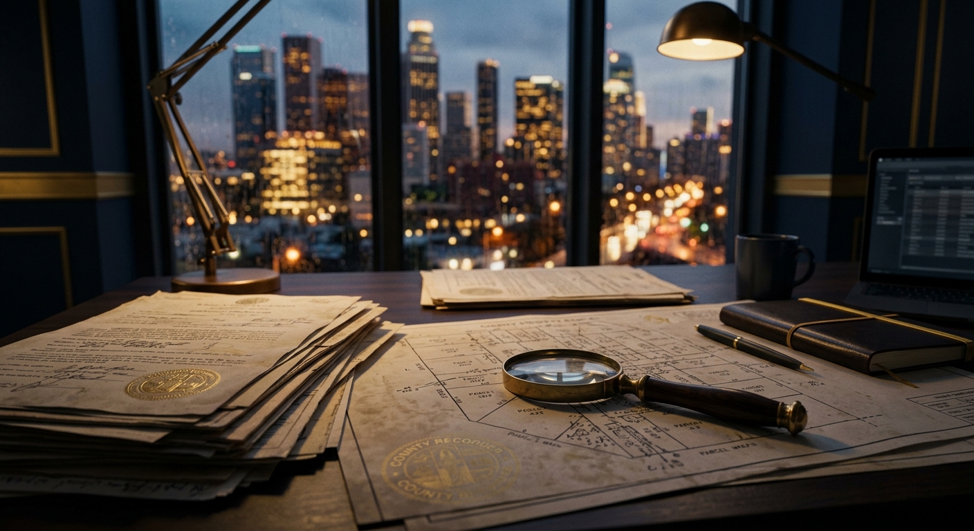 Asset search investigation analyst reviewing public property and financial records