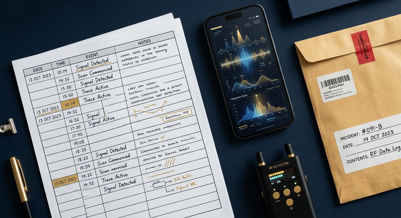 Incident log and RF detection tools used to document a pattern of stalking conduct