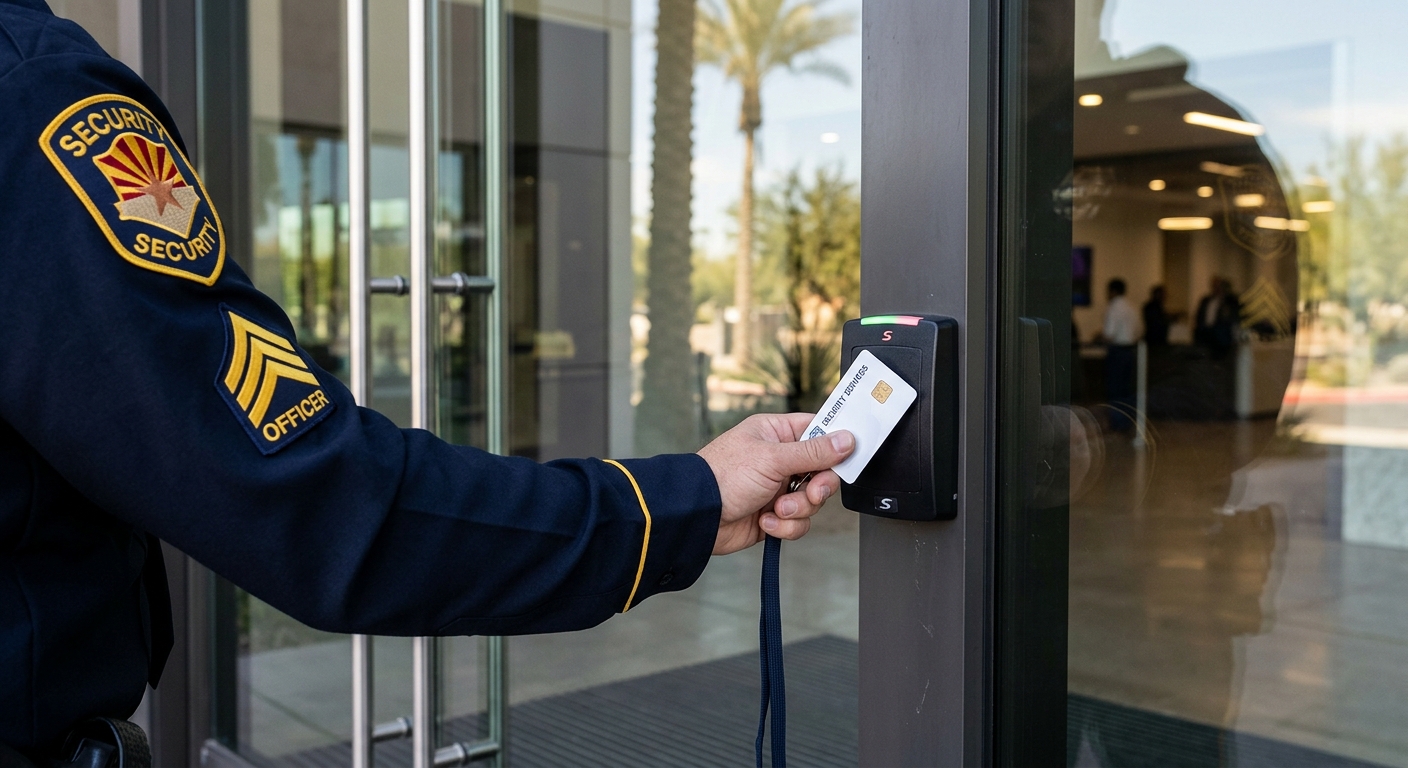 Security officer badging through an access-controlled entrance at a corporate facility in Arizona