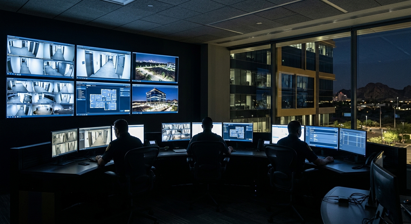 Corporate security operations center monitoring access control and perimeter security for an Arizona business