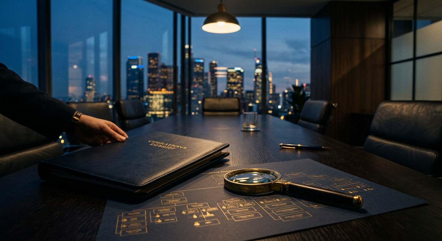 Due diligence investigator reviewing corporate and financial records before a pre-investment decision