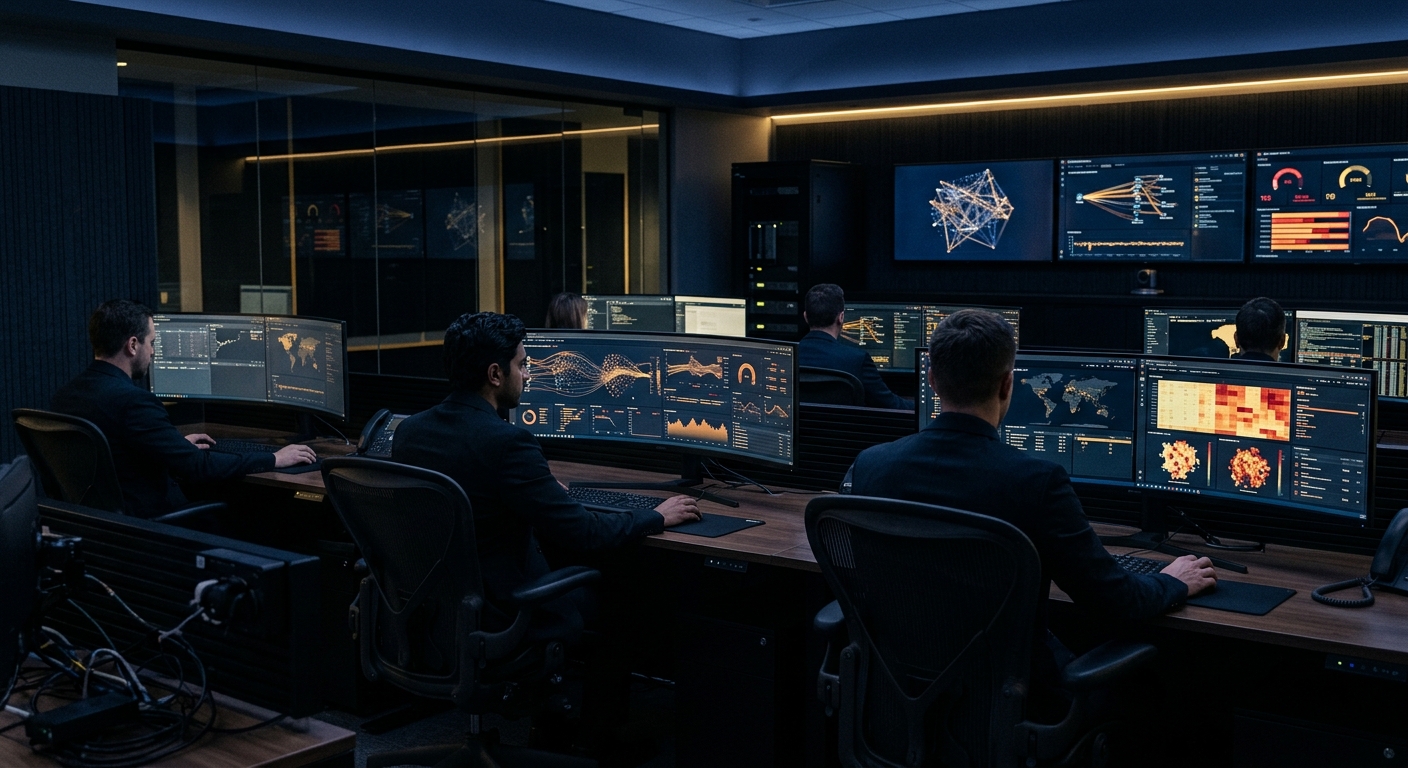 Security analysts reviewing behavioral threat assessment data in a dark operations center