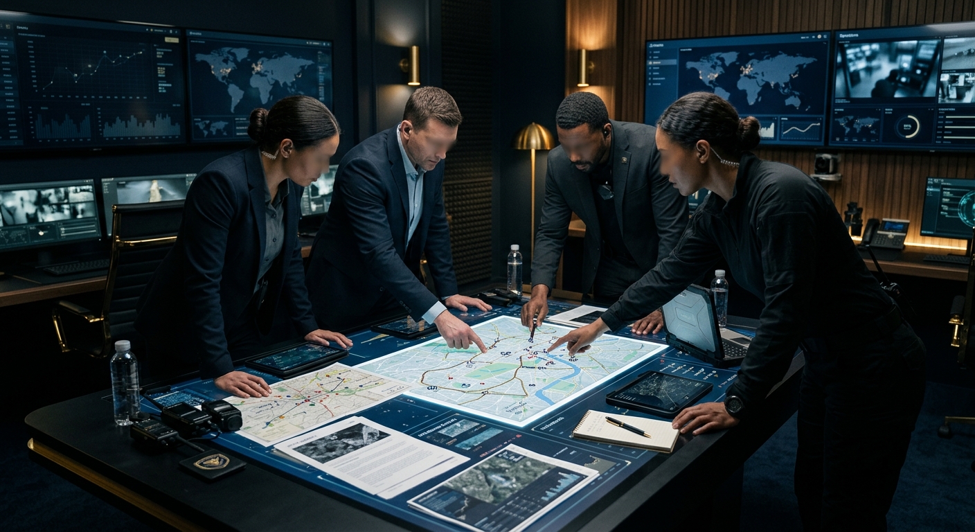 Executive travel security advance team reviewing intelligence and route planning in a command room